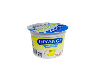 Inyange yoghurt cup with blue lid and label, 250ml sealed container