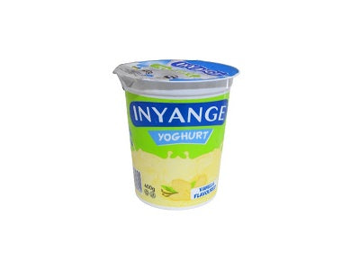 Inyange vanilla yoghurt cup with blue lid and light yellow vanilla filling