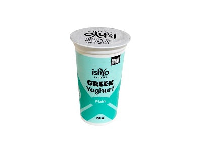 Ishyo Greek yogurt cup with plain label and sealed white lid, 250 ml