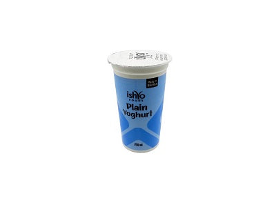 Ishyo plain yogurt cup, 250 ml, blue label, sealed lid