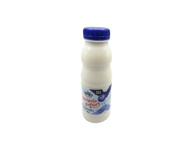 Probiotic blueberry yogurt drink bottle, white bottle with blue cap and label