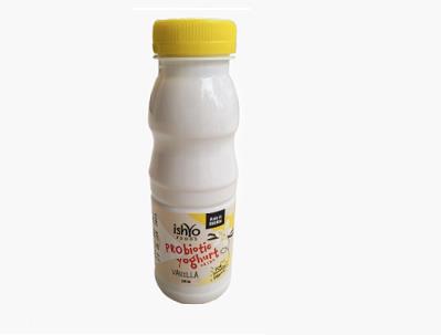 Ishyo probiotic drink bottle with yellow cap, raspberry vanilla label, 250 mL