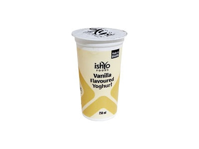 Ishyo vanilla flavoured yoghurt 250ml cup, creamy pale yellow with swirl