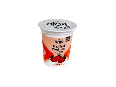 Ishyo strawberry fruited yoghurt cup, 150 ml, red strawberry label