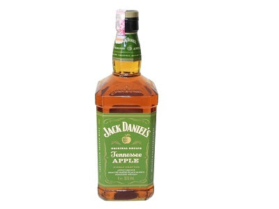 Jack Daniel's Apple whiskey bottle with green label showing Tennessee Apples, glass 1L
