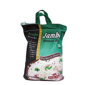 Jambo Basmati rice bag, green and black with product label and rice image