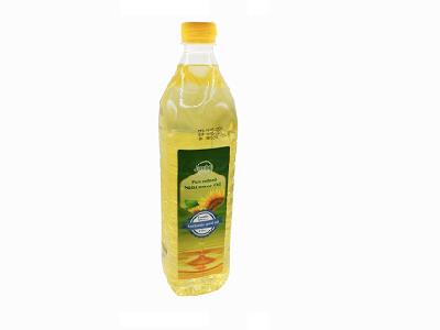 Sunflower oil bottle, clear plastic with yellow liquid, 1L, yellow cap.