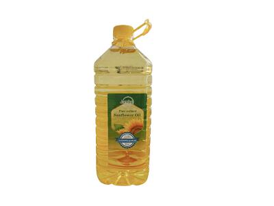 Sunflower oil bottle, 5L, clear plastic with yellow-gold liquid and label