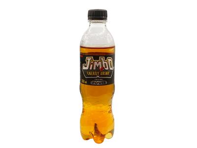 Jimbo energy drink bottle, 300ml, clear bottle with orange liquid and dark label