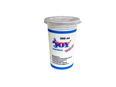 Joy natural yogurt cup, 500 ml, white with blue label and clear lid