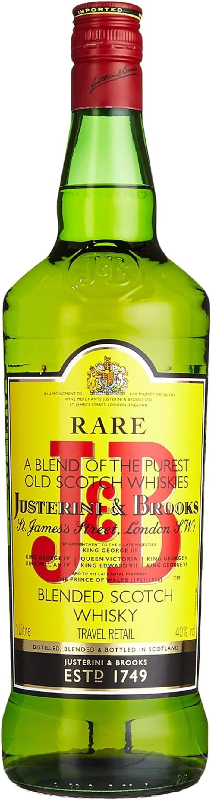 1L green scotch whisky bottle with red cap and RARE label