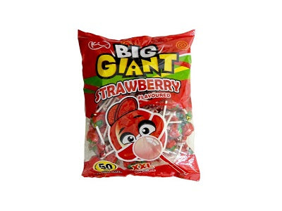 Strawberry flavored Big Giant lollipops in red 50-pack bag