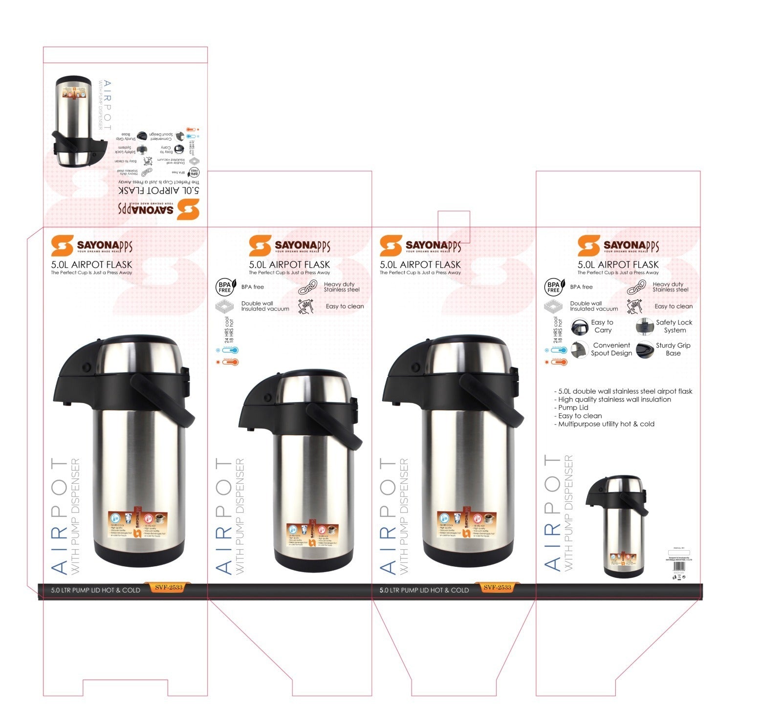 Stainless steel airpot flask with black pump lid and carrying handle