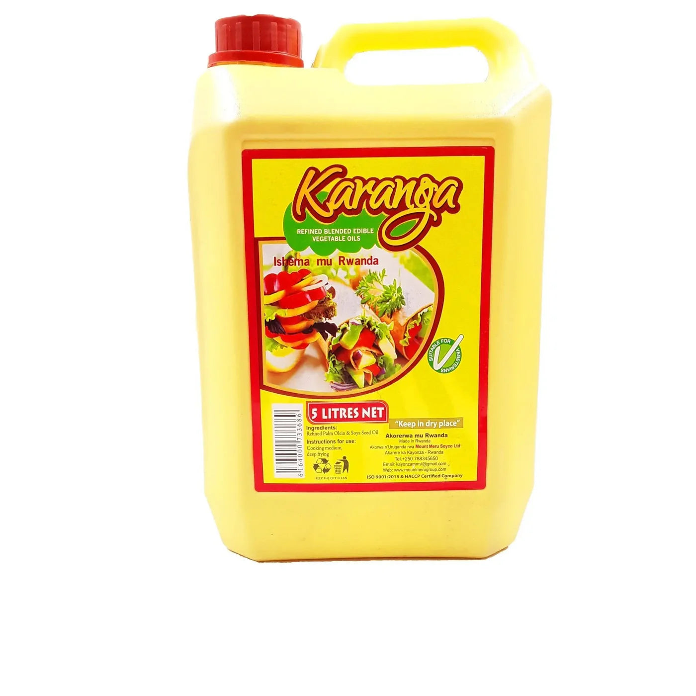 Karanga yellow plastic jerry can with red cap, 5 liters label