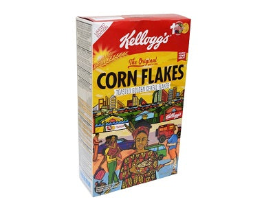 Kellogg's Corn Flakes cereal box with red front panel and branding