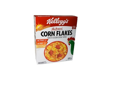 Kellogg's Corn Flakes cereal box, 500g, front view with cornflake bowl graphic