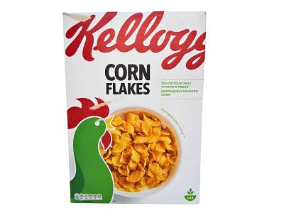 Kellogg's Corn Flakes cereal box, white with red logo and bowl of cornflakes
