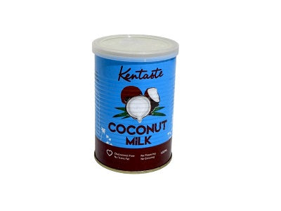 Kentaste coconut milk 400 ml can with blue label and clear plastic lid