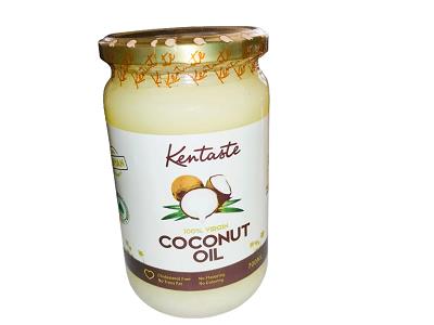 Kentaste coconut oil jar with coconut and label, 700 ml glass container