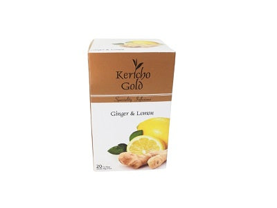 Kericho Gold ginger and lemon tea bags carton, 20 tea bags, brown and white box