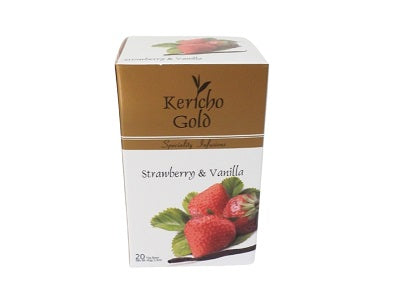 Kericho Gold Strawberry & Vanilla tea box, rectangular carton with fruit and leaf graphics