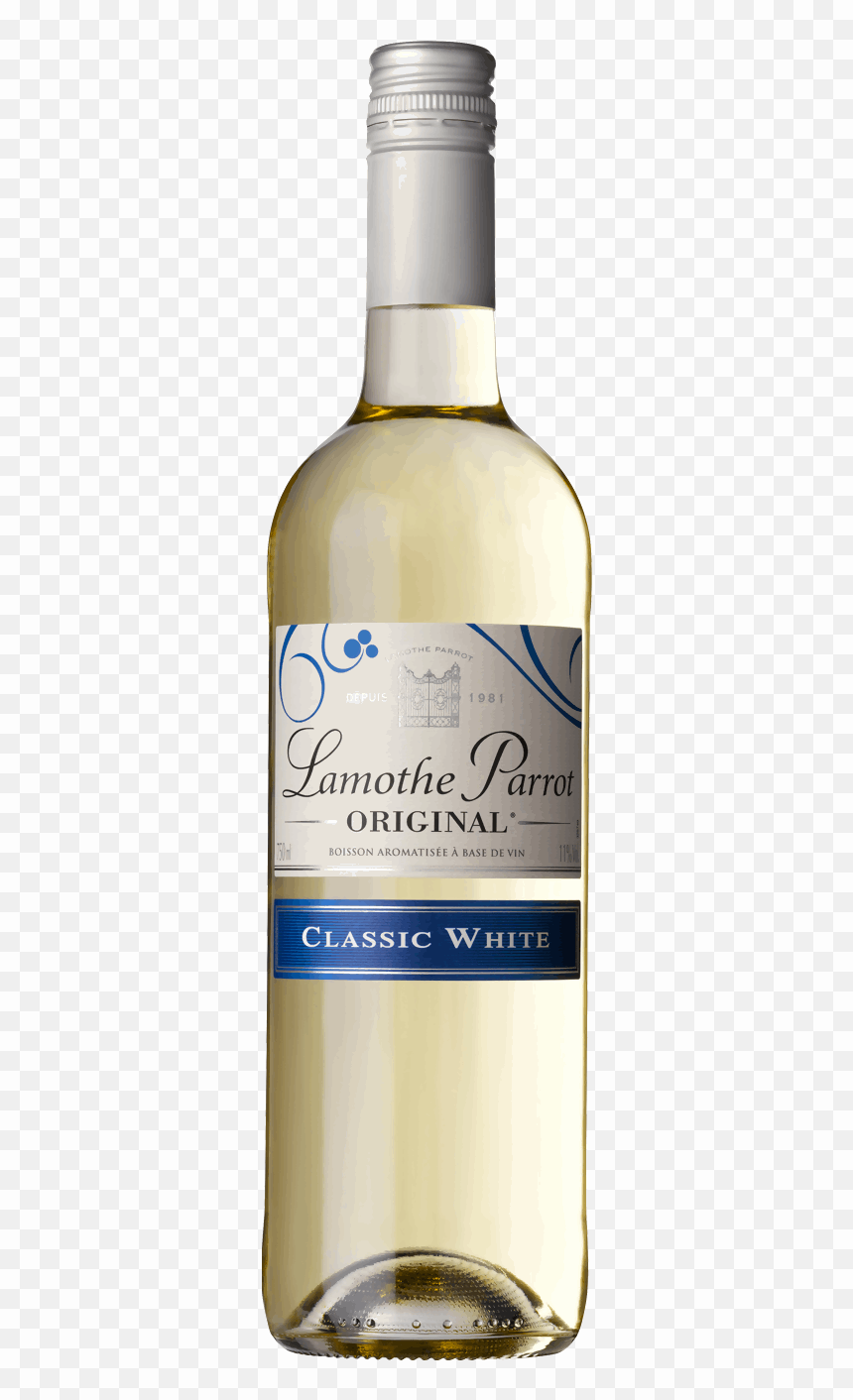Lamonte Parrot Classic White wine bottle, front label, pale straw color liquid