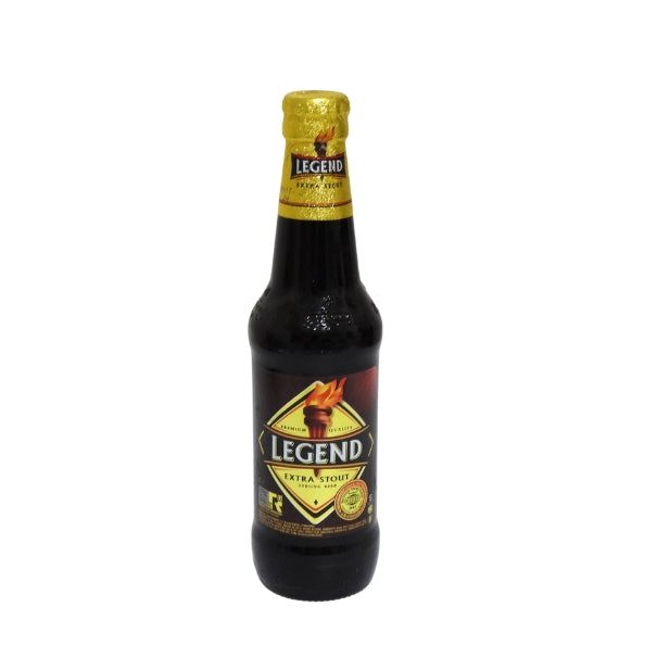LEGEND Extra Stout beer bottle, dark glass with gold label and foil cap