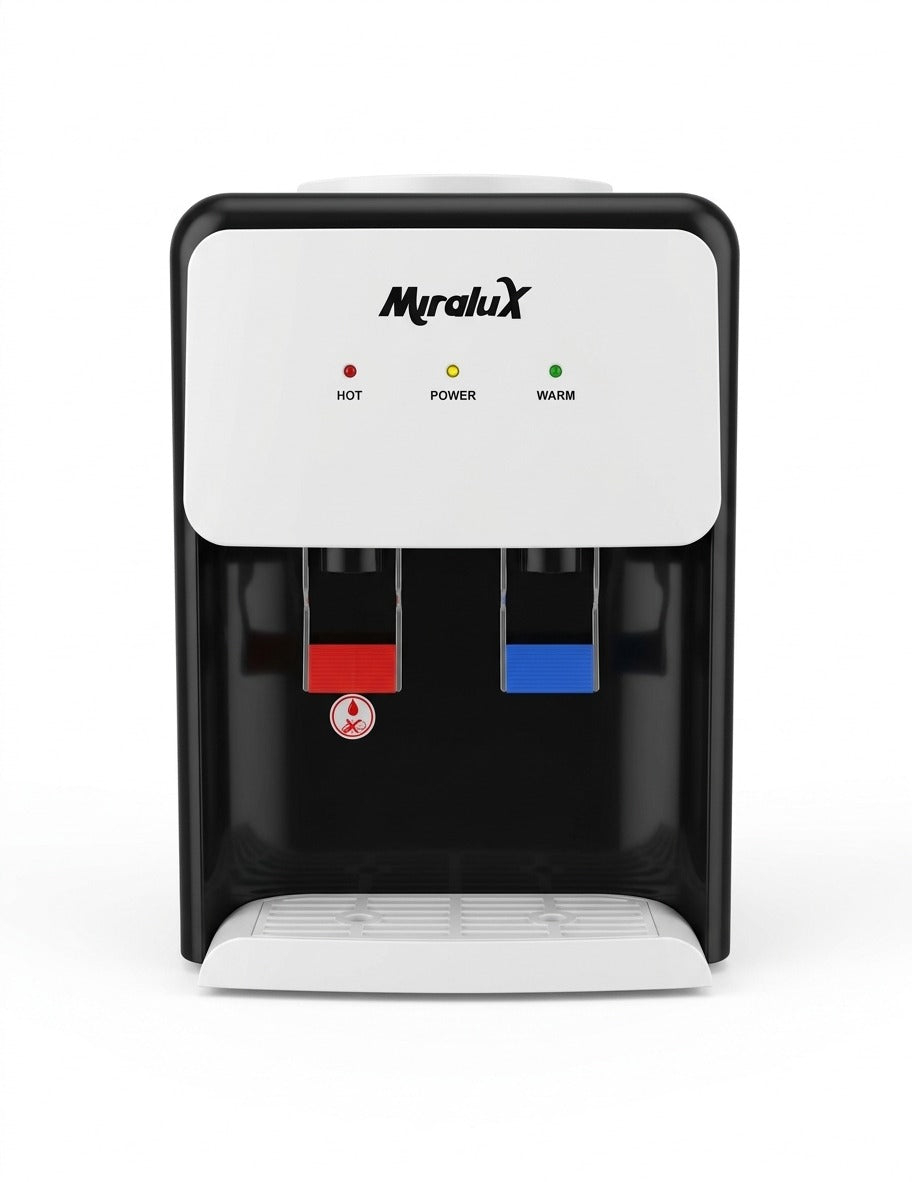 Countertop water dispenser with Miralux top controls and red hot, blue warm dispensing levers