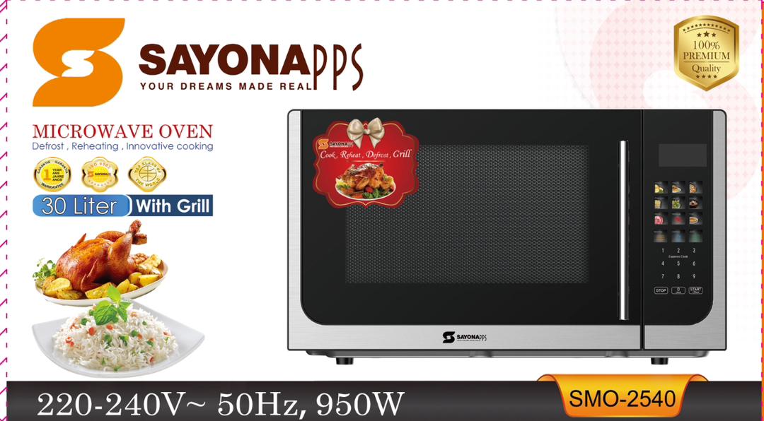 Microwave oven with grill, black glass door and right-side control panel, 30L