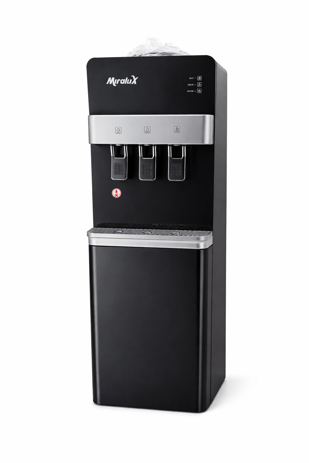 Miralux water dispenser, black front panel with three push taps and drip tray