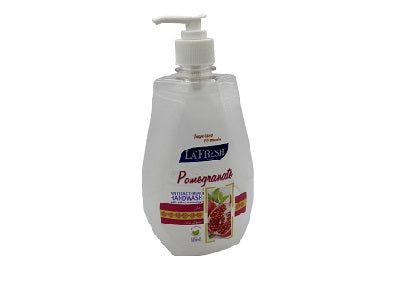 La Fresh pomegranate hand wash bottle with white pump, clear liquid