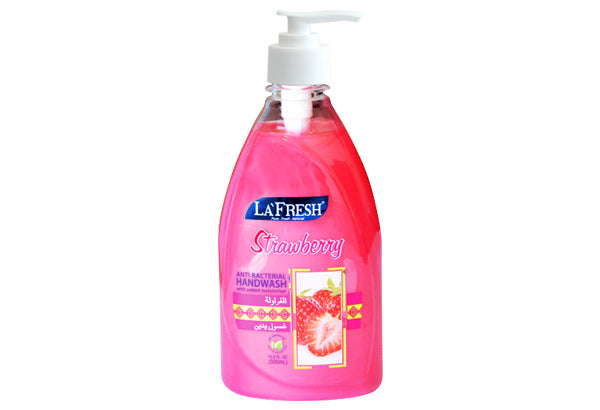 La Fresh strawberry hand wash bottle with white pump, pink gel