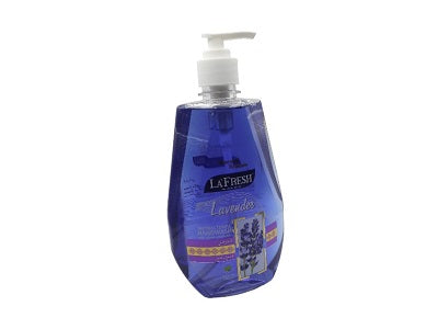 La Fresh lavender hand wash bottle with white pump, blue gel