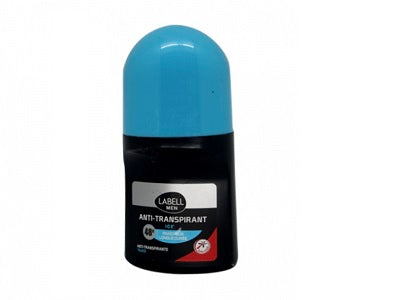 Men's roll-on deodorant bottle with blue cap and black label