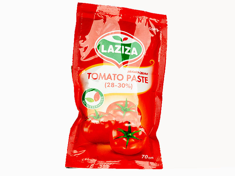 Laziza tomato paste pouch, red package labeled Tomato Paste 70g