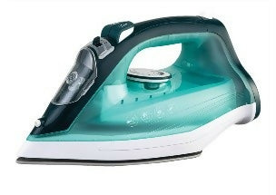 Teal steam iron with white soleplate and control buttons
