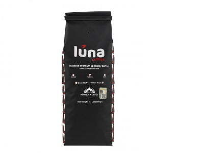 Luna coffee beans 500g bag, black kraft pouch with red logo and resealable top