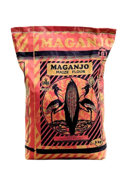 Maganjo maize flour 5 kg bag, red and yellow patterned package with black label