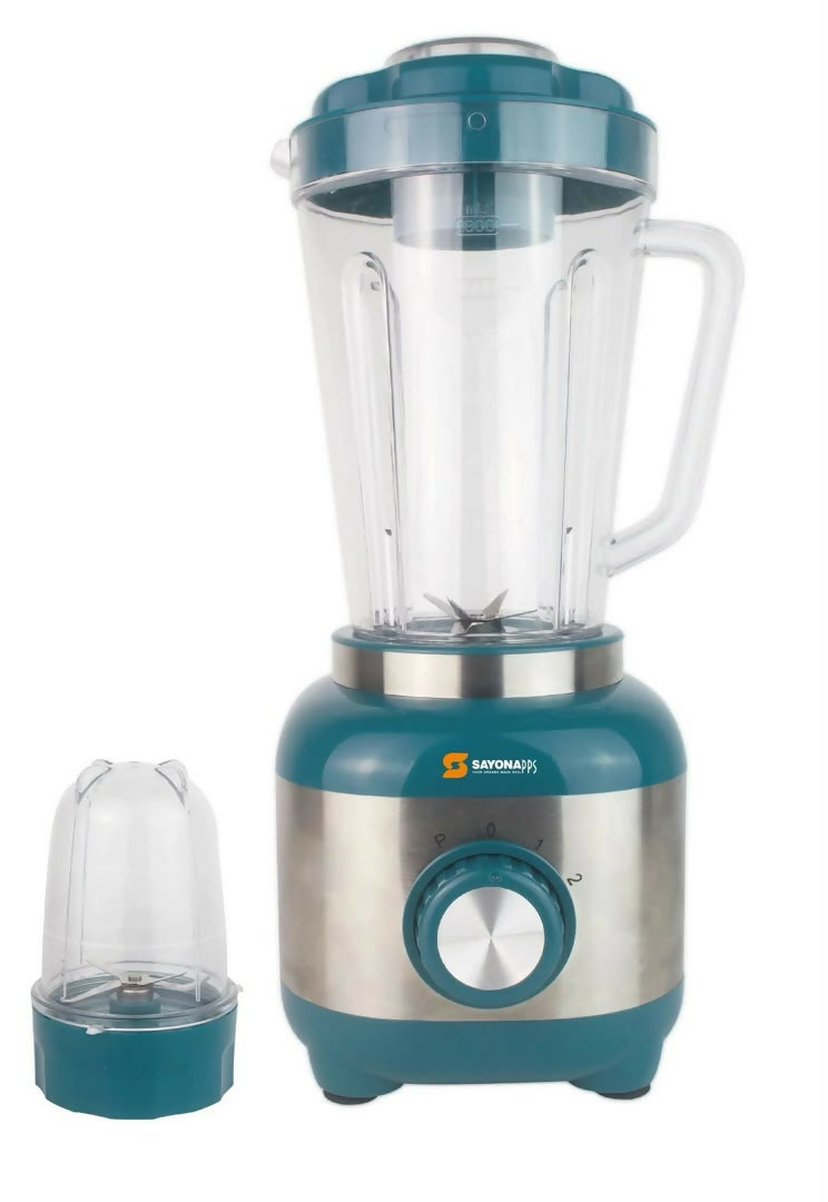 Countertop blender with clear jar, teal base, and rotary control knob