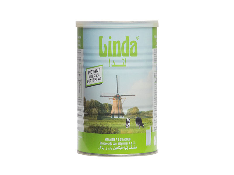 Linda milk powder canister with green and white label