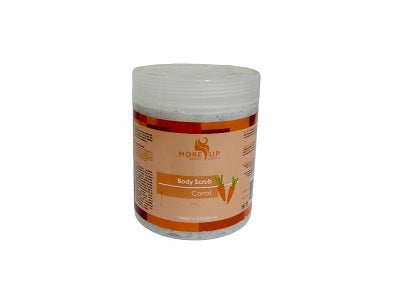 Carrot body scrub jar with white lid and orange label, plastic container
