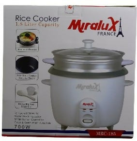 Rice cooker MRC-185 with transparent lid and white control panel, steaming pot