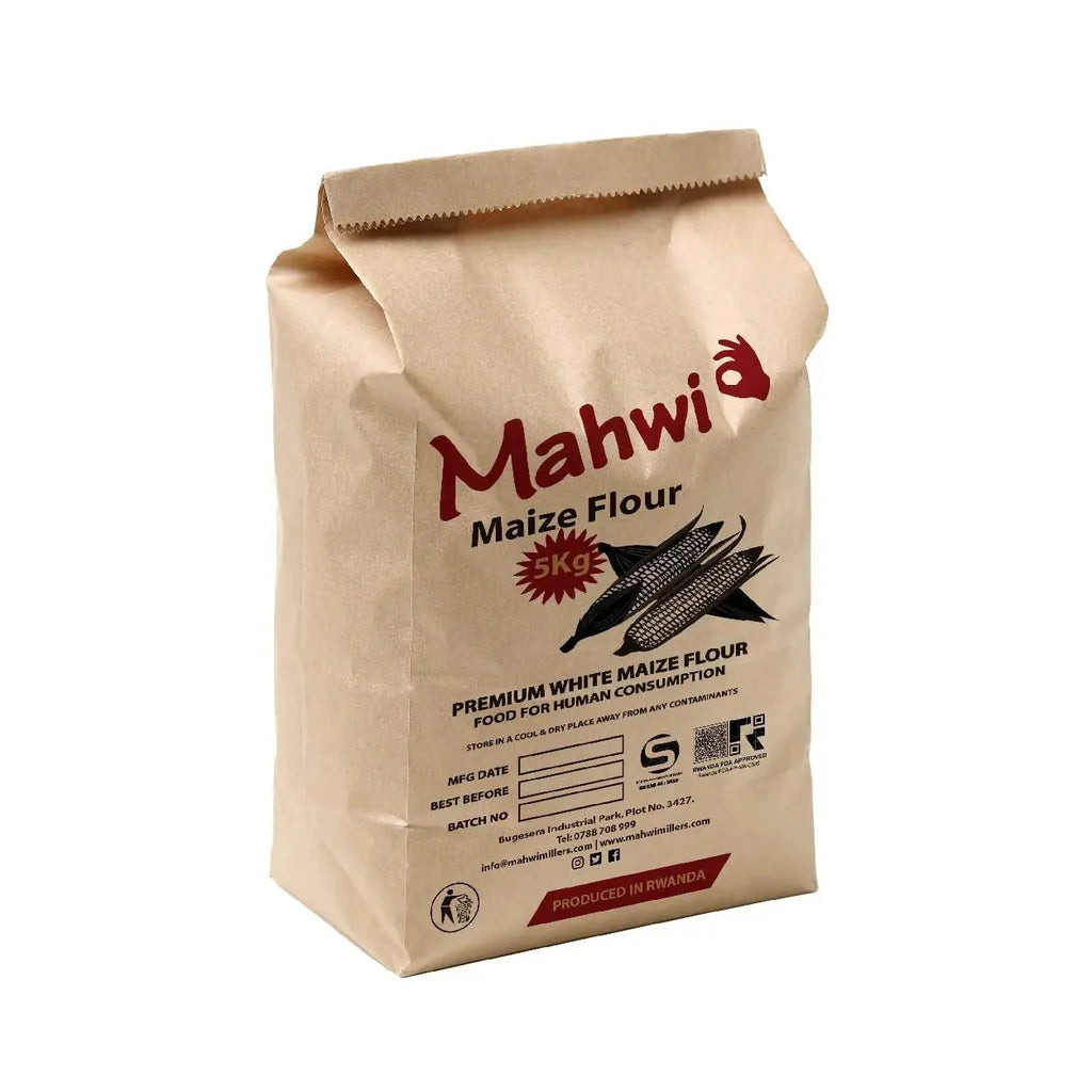Beige paper Mahwi maize flour bag, 5kg, labeled premium white maize flour