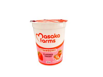 Masaka Farms strawberry yogurt cup, white cup with red lid and strawberry label