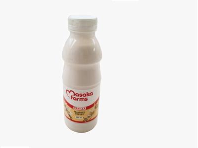 Masaka vanilla yogurt drink in a bottle with white cap, creamy off-white