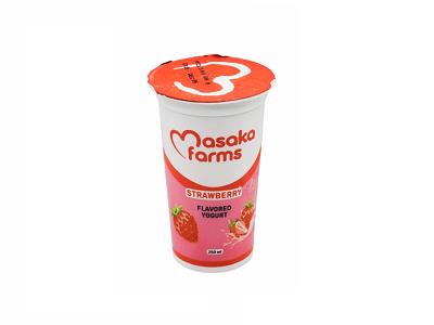 Masaka Farms strawberry yoghurt cup, 250 ml, red lid and label