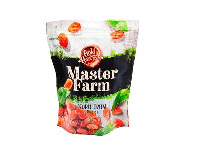 Master Farm raisins pouch with dried red grapes and a green resealable top