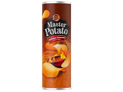 Master Potato barbeque potato chips canister with grill-style flavor graphic