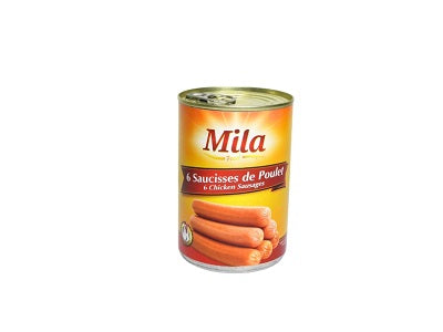 Mila chicken sausage can with 6 sausages, orange casings