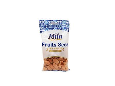 Mila almond snack bag with blue label, white pouch filled with roasted almond kernels